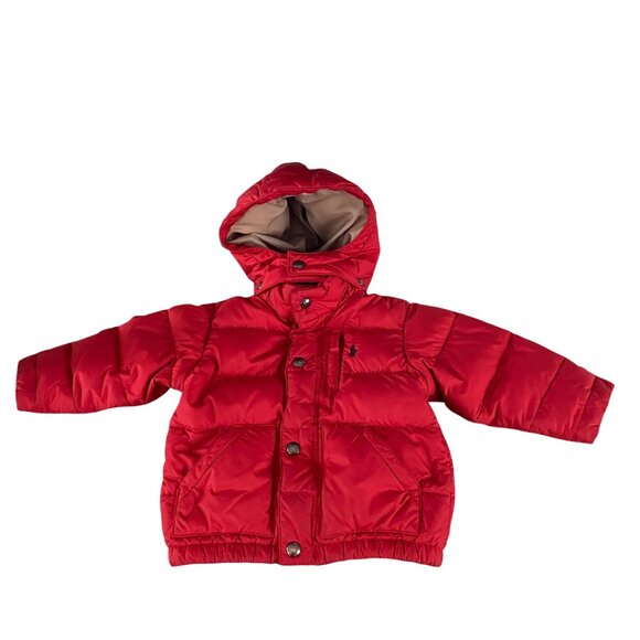 Polo By Ralph Lauren Boys Red Down Puffer Jacket Size 18M Hooded Winter Coat - Picture 2 of 16